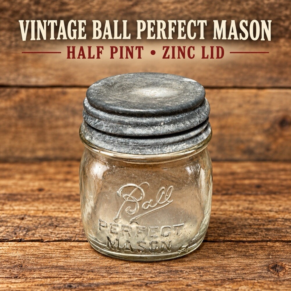 Vintage Ball Perfect Mason Half Pint Squat Jelly Jar Zinc Lid Clear Glass